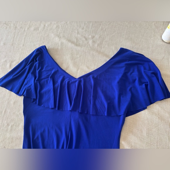 Connected Apparel Blue Off Shoulder Ruffle Dress Ruched Side Size 14P - Picture 7 of 7